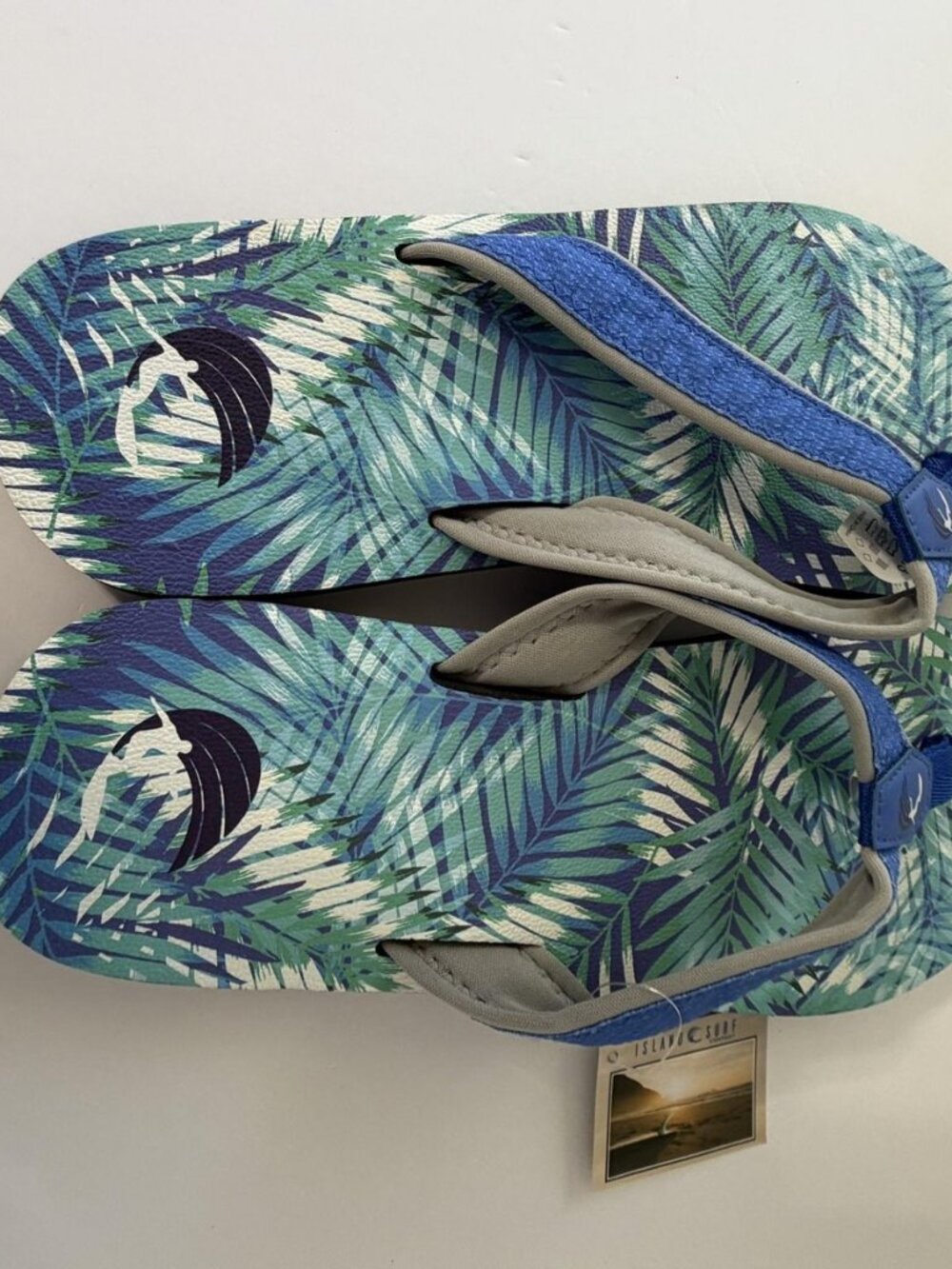 Island Surf Mens Sandals Size 10 Blue Tropical Palm Print Flip Flop Beach Shoes - Picture 3 of 5